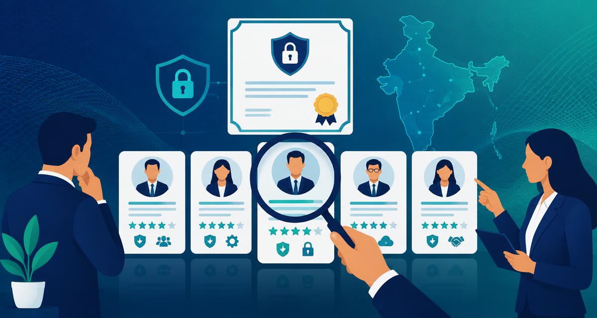 ISO 27001 certificate above consultant profile cards being compared, with an India map