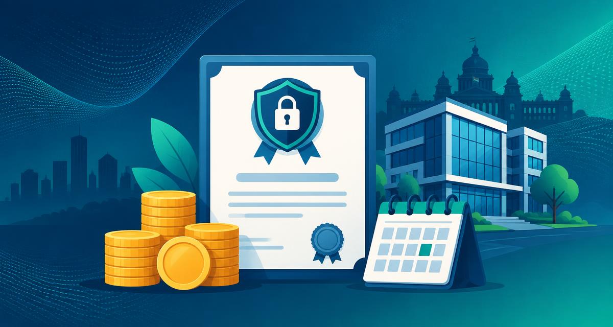 ISO 27001 certificate with a lock seal beside coins, a calendar and a Bengaluru office building