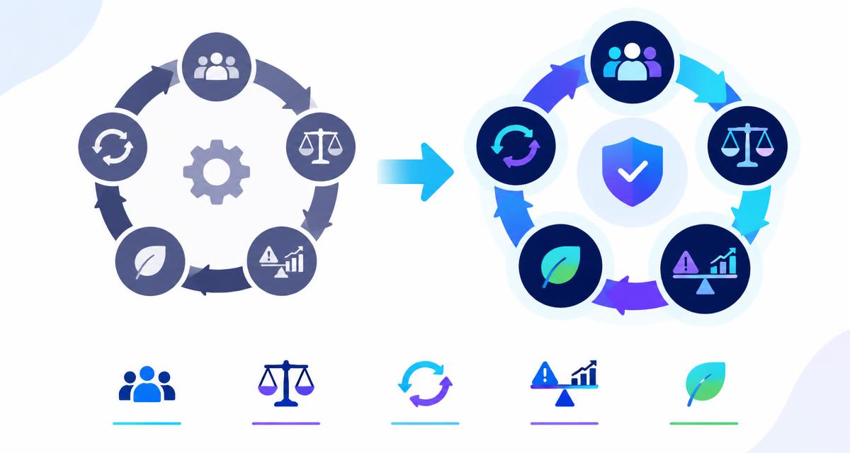 Quality management cycle being upgraded with icons for culture, ethics, change, risk and climate