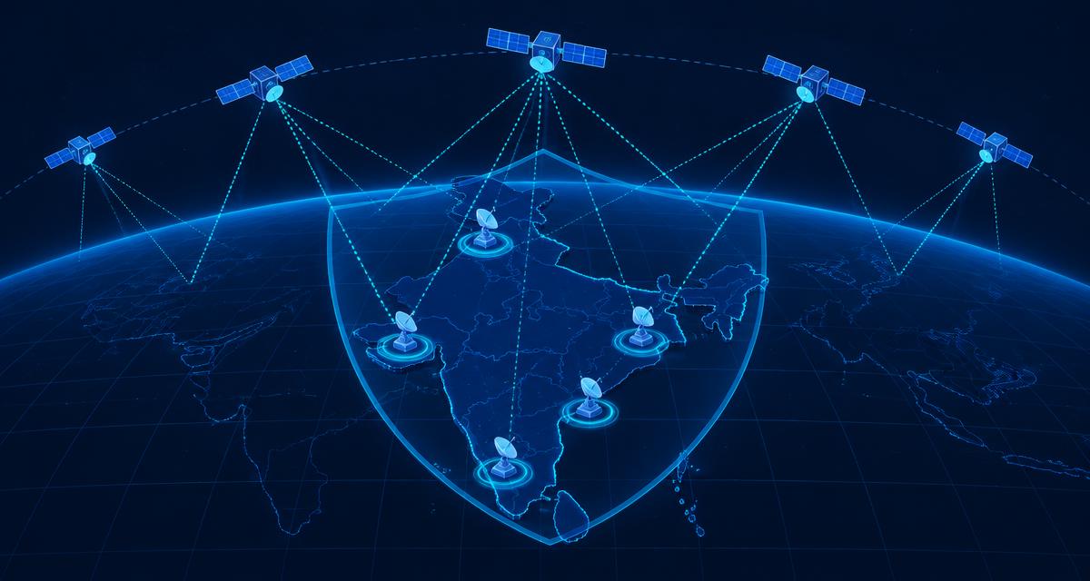 Satellite constellation beaming data links down to gateway ground stations inside a shield outline over India