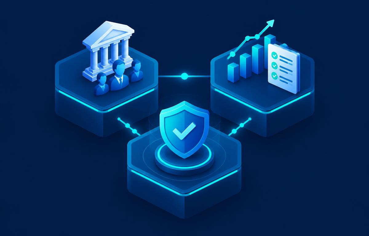 Three connected pillars representing governance, risk and compliance on a dark background